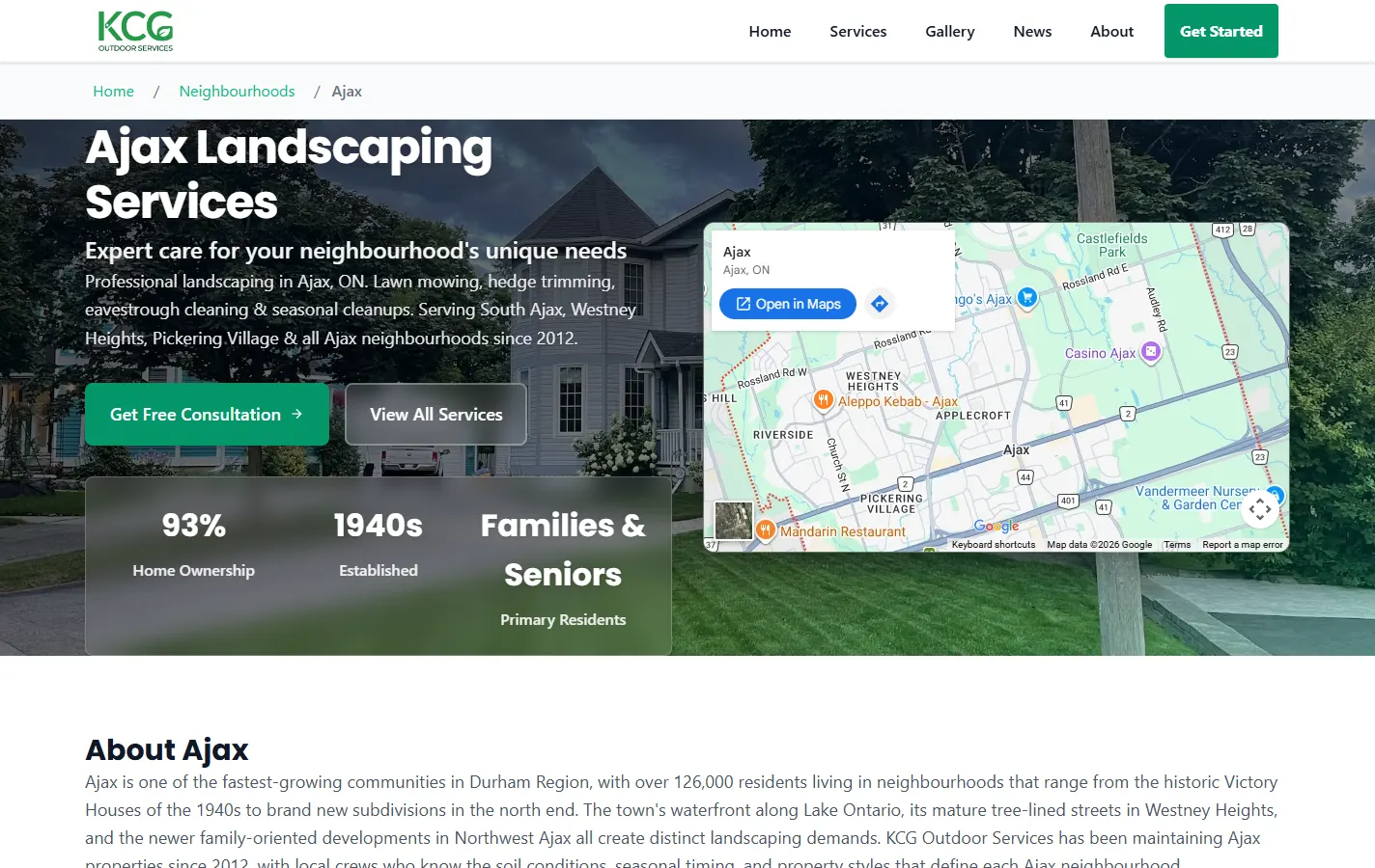 The KCG Ajax page: landscaping services in Ajax, Ontario, beside a map of the neighbourhoods served.