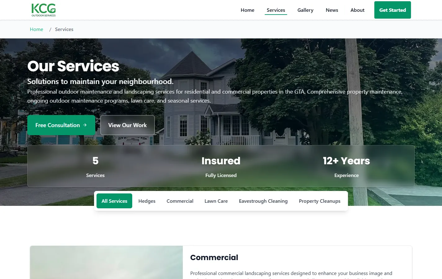 The KCG services page, with tabs for hedges, commercial, lawn care, eavestrough cleaning and property cleanups.
