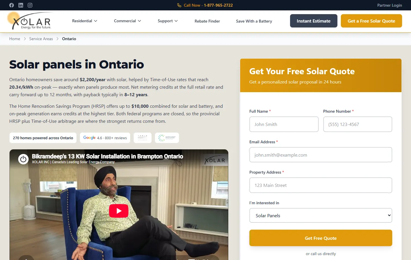 The Xolar Ontario page: local savings and rebate figures beside a free solar quote form.