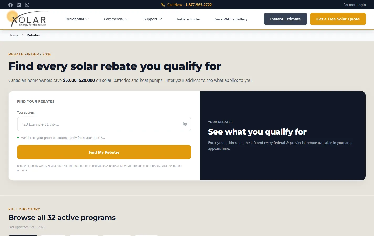 The Xolar rebate finder: enter an address to see every solar rebate you qualify for.